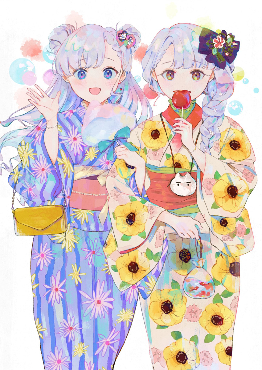 2girls bag bangs blue_eyes blush bow braid brown_eyes candy_apple cotton_candy floral_print flower food hair_bow hair_ornament hair_over_shoulder handbag highres holding jamu_(yakinikuoi4) japanese_clothes kimono long_sleeves looking_at_viewer multiple_girls open_mouth original sash smile white_hair wide_sleeves yukata