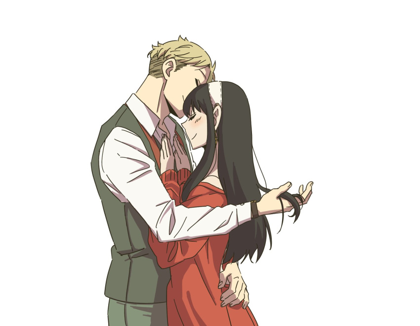 1boy 1girl ayamame bangs bare_shoulders black_hair blonde_hair blush closed_eyes couple earrings green_pants hairband hand_in_another's_hair hand_on_another's_chest highres hug husband_and_wife jewelry long_hair long_sleeves pants red_sweater shirt sidelocks smile spy_x_family sweater twilight_(spy_x_family) white_background white_hairband yor_briar