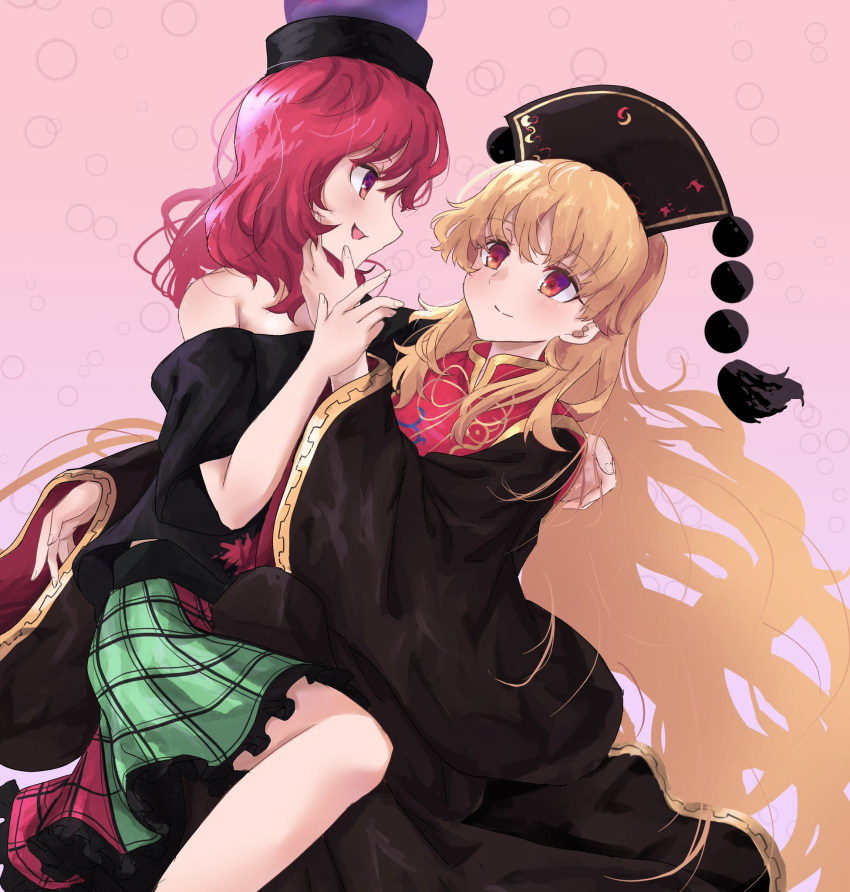 2girls bangs bare_shoulders black_dress blonde_hair blue_background blush breasts clothes_writing commentary_request dress fingernails frilled_skirt frills gold_trim hair_between_eyes hand_on_another's_face hecatia_lapislazuli highres junko_(touhou) long_hair long_sleeves looking_at_another looking_at_viewer medium_breasts multicolored_clothes multicolored_skirt multiple_girls neold off-shoulder_shirt off_shoulder phoenix_crown pink_background polos_crown red_eyes redhead ribbon shirt sidelocks skirt smile t-shirt tabard tassel touhou underworld_(ornament) wide_sleeves yuri