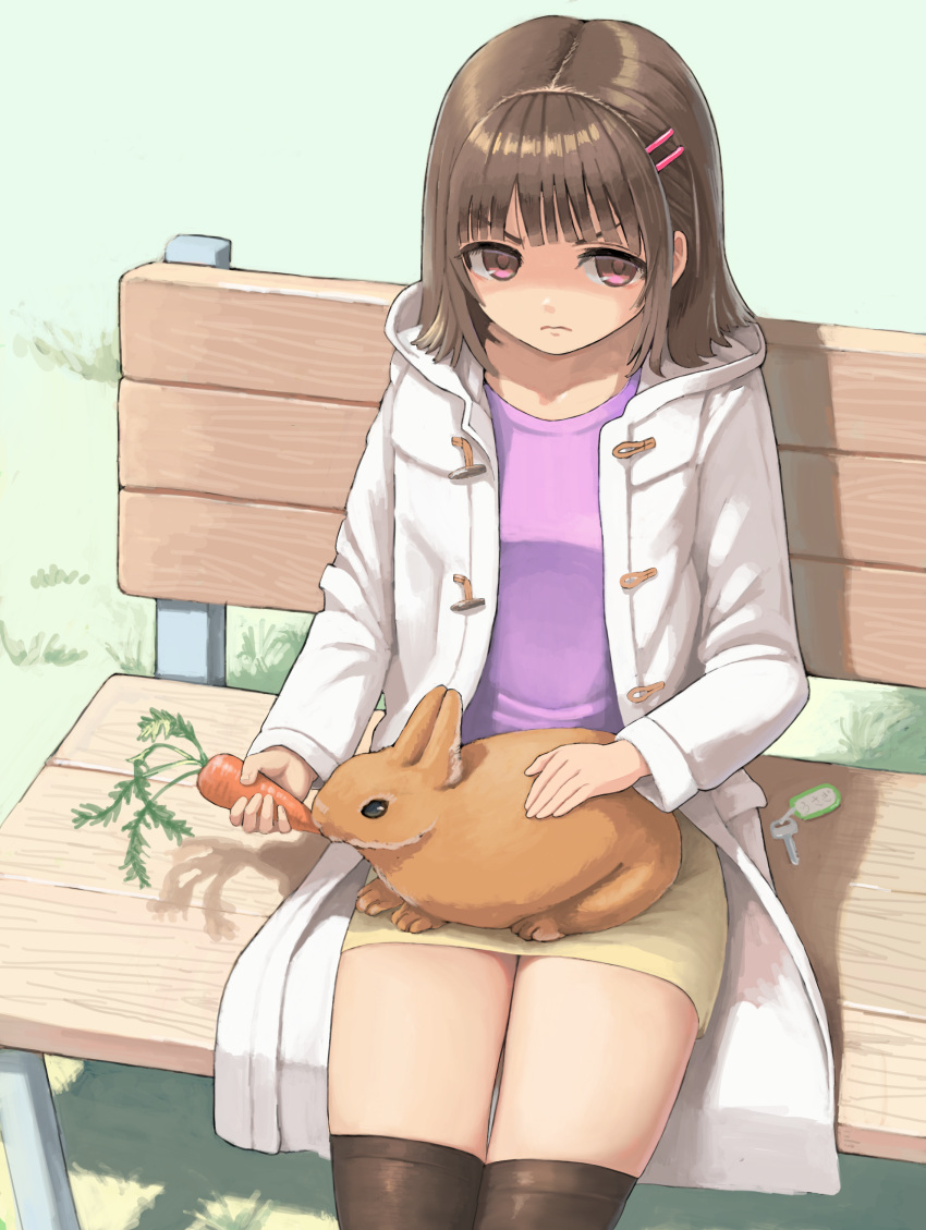 1girl absurdres animal bangs bench black_thighhighs blunt_bangs brown_hair carrot child coat cowboy_shot eyelashes female_child flat_chest frown highres key long_sleeves looking_at_viewer miniskirt open_clothes open_coat original park_bench pencil_skirt pink_eyes pink_shirt rabbit shirt sitting sitting_on_bench skirt solo susu_(ysy) thick_eyebrows thigh-highs thighs white_coat yellow_skirt