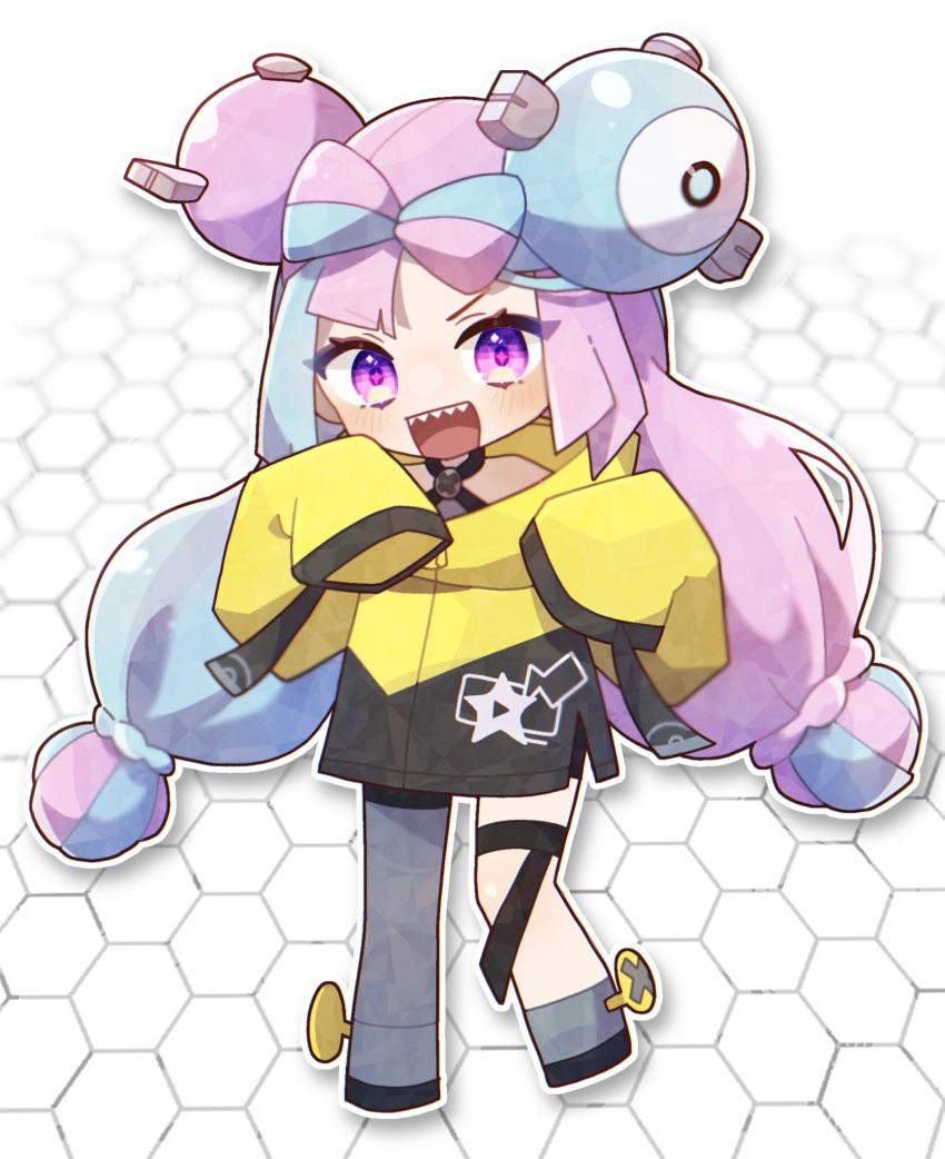 1girl :d black_coat blue_hair bow-shaped_hair braid chibi coat full_body grey_footwear grey_pantyhose halterneck highres honeycomb_(pattern) honeycomb_background iono_(pokemon) legs_apart light_blue_hair long_hair long_sleeves looking_at_viewer low-tied_long_hair magnemite magnet multicolored_coat multicolored_eyes multicolored_hair no_nose one-eyed open_mouth outline pantyhose pink_eyes pink_hair pokemon pokemon_(creature) pokemon_(game) pokemon_sv rudo_(rudo_hmzn) screw sharp_teeth single_leg_pantyhose sleeves_past_fingers sleeves_past_wrists smile star_(symbol) star_print teeth thigh_strap two-tone_coat two-tone_hair v-shaped_eyebrows very_long_hair violet_eyes white_outline yellow_coat yellow_eyes