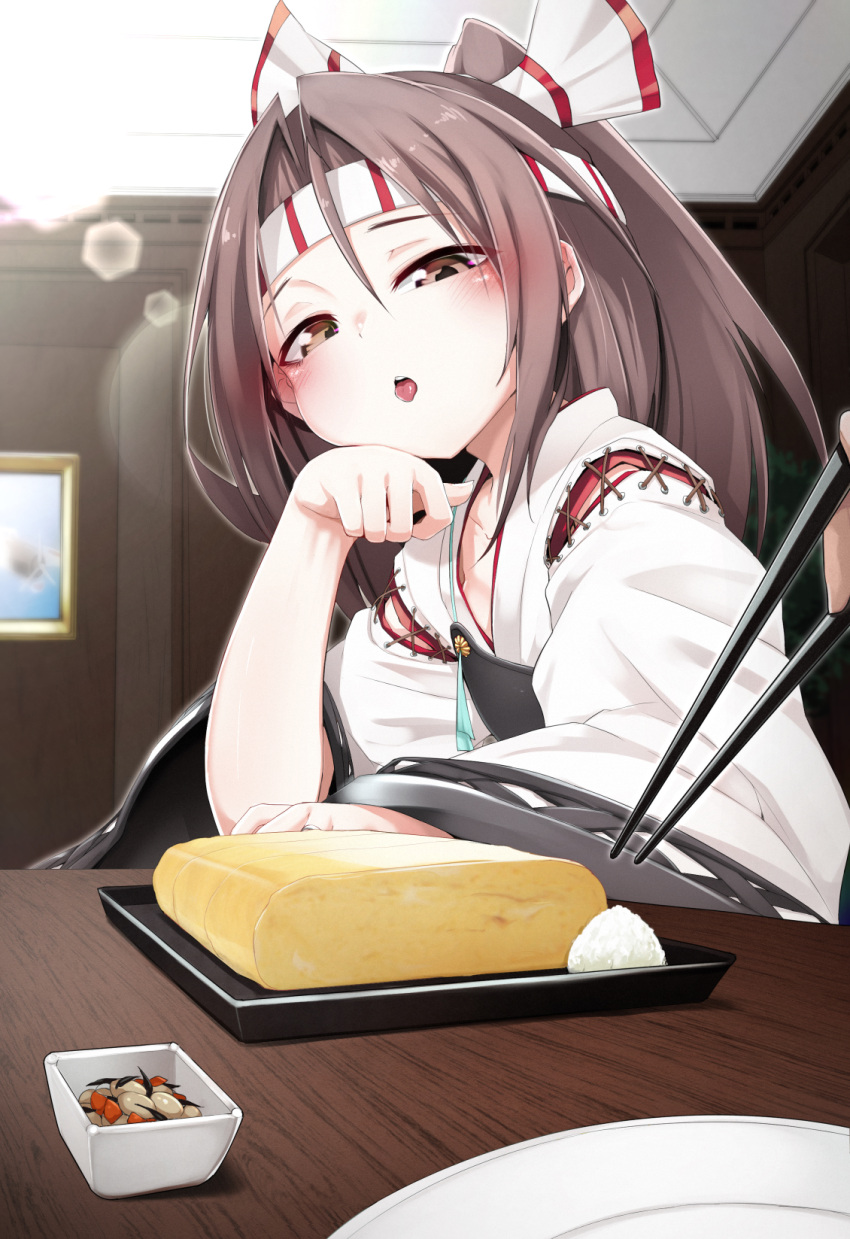 1girl brown_eyes brown_hair chopsticks dai_yasude food hachimaki headband high_ponytail highres holding holding_chopsticks indoors japanese_clothes kantai_collection long_hair muneate omelet plate solo_focus tamagoyaki zuihou_(kancolle)