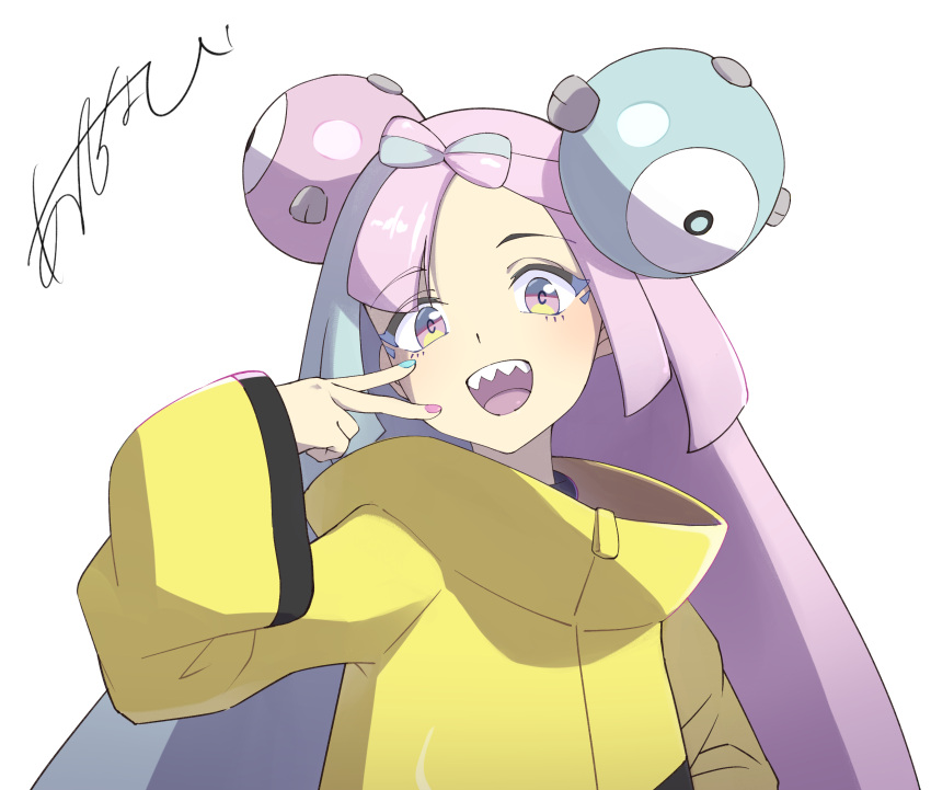 1girl :d anchobi bangs character_hair_ornament commentary_request green_hair green_nails hair_ornament hand_up highres iono_(pokemon) jacket long_hair looking_at_viewer multicolored_hair nail_polish open_mouth pokemon pokemon_(game) pokemon_sv purple_hair purple_nails sharp_teeth smile solo teeth tongue twintails two-tone_hair upper_body upper_teeth white_background yellow_jacket