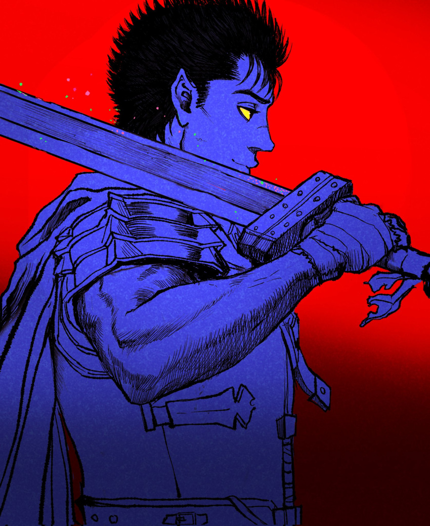 1boy armor bandaged_hand bandages berserk black_hair closed_mouth commentary_request from_side greatsword guts_(berserk) highres holding holding_sword holding_weapon huge_weapon limited_palette looking_to_the_side male_focus nisino2222 over_shoulder red_background scar scar_on_face scar_on_nose short_hair shoulder_armor simple_background solo spiky_hair sword sword_over_shoulder weapon weapon_over_shoulder
