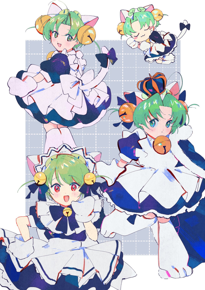1girl animal_ears animal_hands animal_hat apron bell blush bow cat_ears cat_hat cat_tail dejiko di_gi_charat dress gloves green_eyes green_hair hair_bell hair_ornament hat highres jamu_(yakinikuoi4) jingle_bell looking_at_viewer maid_apron open_mouth paw_gloves paw_shoes short_hair smile solo tail