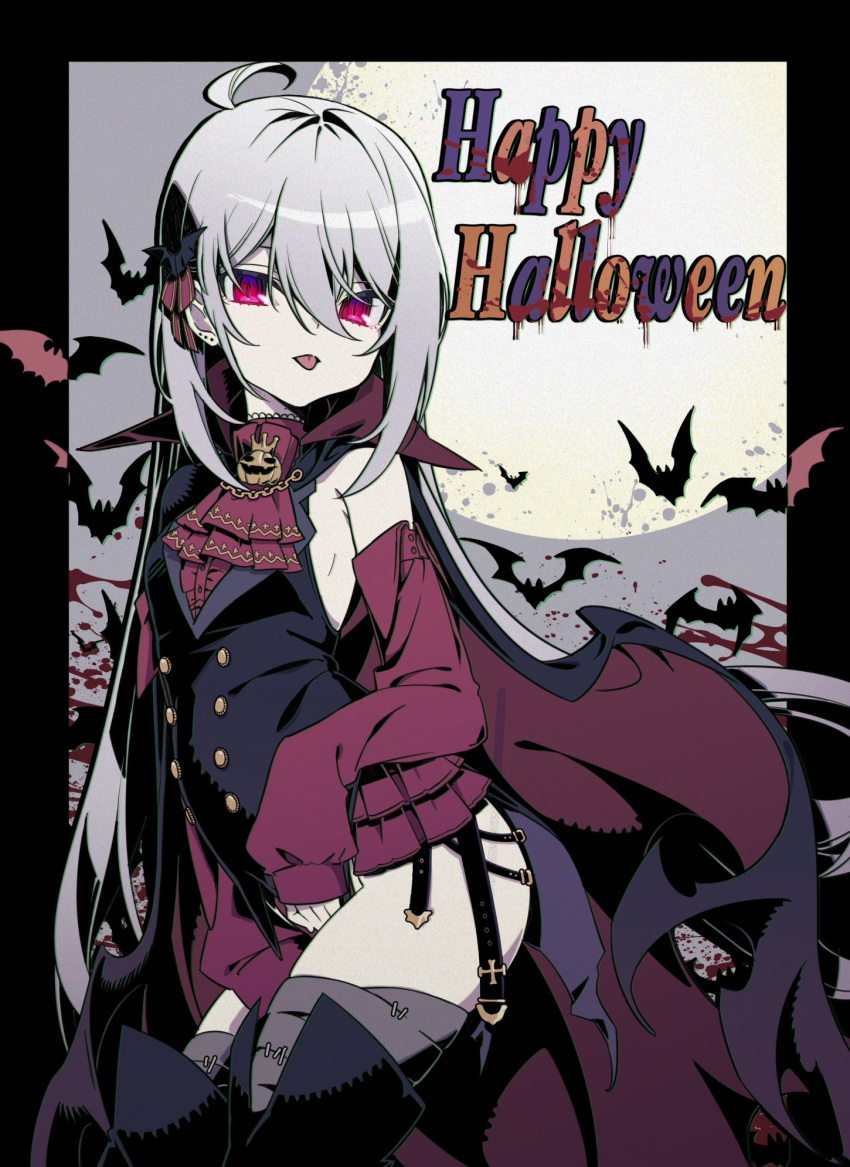 1girl :p ahoge bandages bare_shoulders bat_(animal) bat_hair_ornament belt between_legs blood blood_splatter boots cape collared_cape cowboy_shot detached_sleeves earrings full_moon gothic grey_hair hair_between_eyes hair_ornament hair_ribbon halloween hand_between_legs happy_halloween highres jabot jewelry leotard long_hair looking_at_viewer mearylis_(yamanasi_mikage) moon multiple_belts original pale_skin red_eyes ribbon sleeves_past_wrists stud_earrings thigh_boots tongue tongue_out very_long_hair yamanasi_mikage