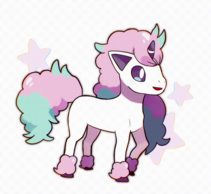 animal_focus chirosamu commentary_request full_body galarian_ponyta korean_commentary no_humans open_mouth pokemon pokemon_(creature) smile solo standing star_(symbol) unicorn white_background