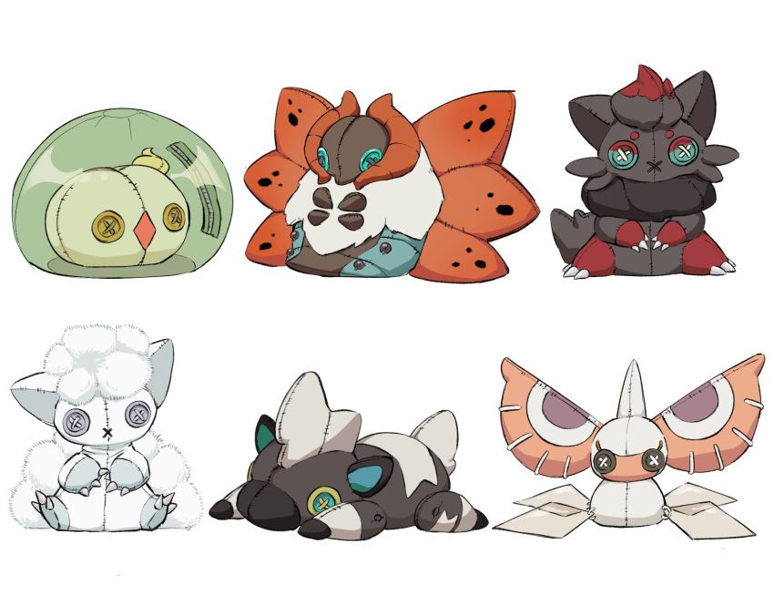 alolan_vulpix blitzle button_eyes buttons character_doll claws commentary_request facing_viewer highres masquerain no_humans oimo_kenpi pokemon simple_background solosis still_life stitches volcarona white_background zorua