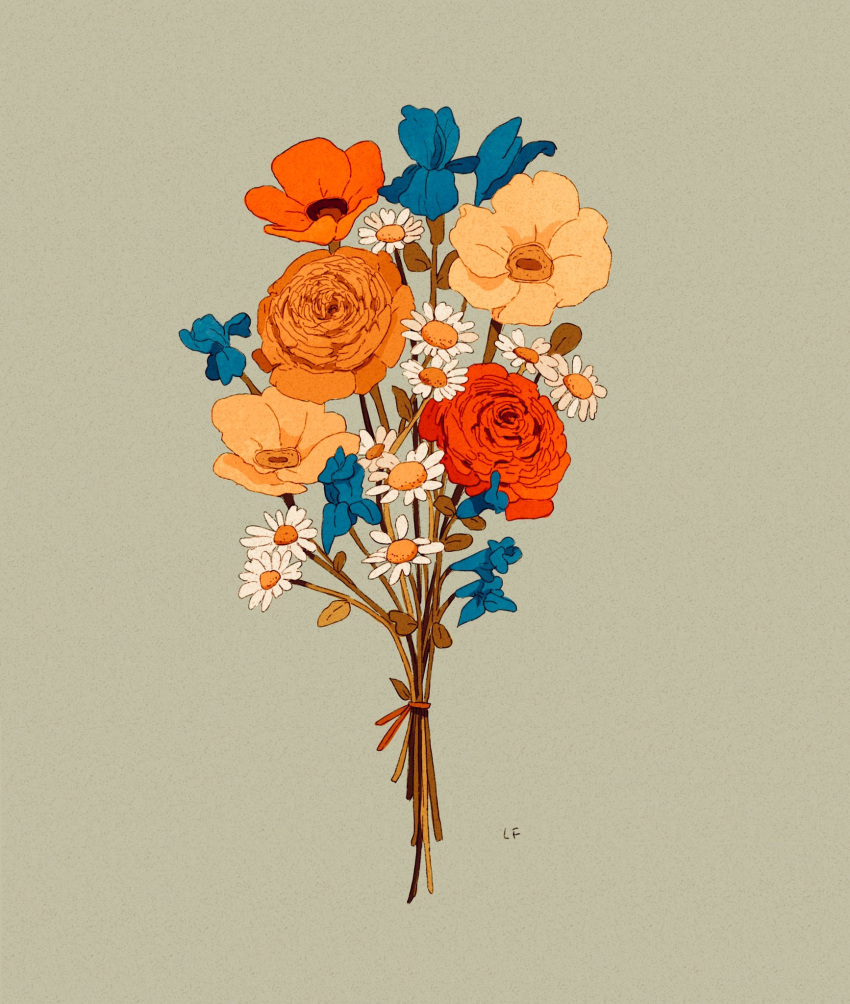 blue_flower bouquet commentary commission daisy english_commentary flower flower_focus grey_background highres leaf libbyframe no_humans orange_flower orange_rose original plant red_flower red_rose rose signature simple_background still_life white_flower yellow_flower