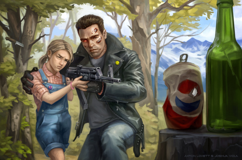 1boy 1girl adlovett age_difference aiming arnold_schwarzenegger assault_rifle badge belt black_belt black_gloves black_jacket blonde_hair blue_pants blue_sky bush button_badge can child collaboration day denim denim_shorts denim_vest emoji english_commentary english_text foliage glass_bottle gloves glowing glowing_eyes grey_shirt gun hand_on_another's_shoulder holding holding_gun holding_weapon humanoid_robot jacket jeans kalashnikov_rifle knife leather leather_jacket long_sleeves looking_at_another looking_at_object mountain open_clothes open_jacket orange_shirt outdoors pants peace_symbol pepsi pocket ponytail rifle robot scar scar_on_face shirt short_hair short_sleeves shorts size_difference sky smiley_face soda_can standing t-800 t-shirt terminator_(series) the_terminator throwing_knife tree tree_stump unzipped weapon zipper