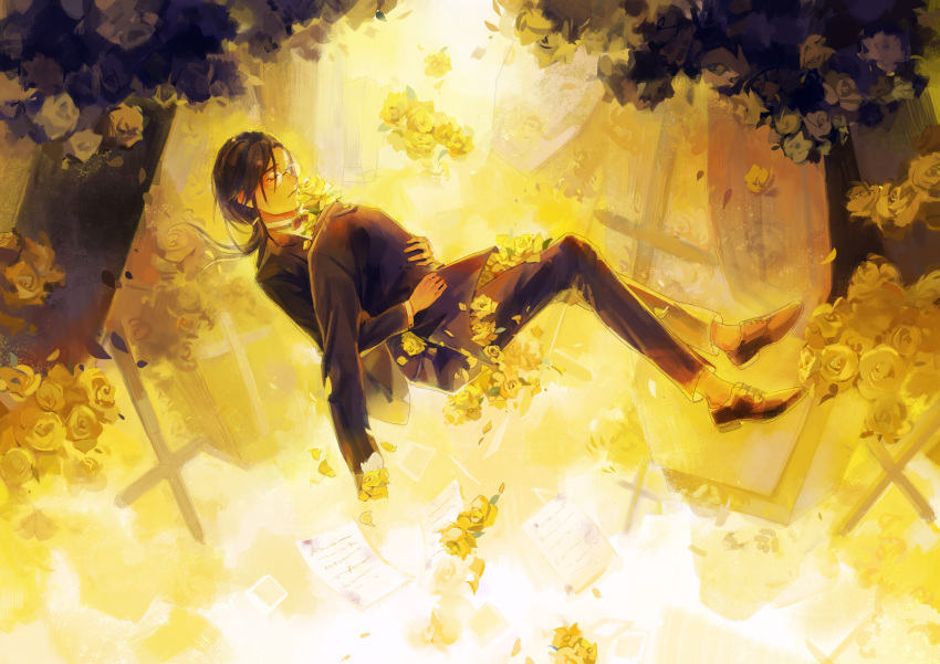 1boy absurdres banana_fish black_footwear black_hair black_suit bow bowtie closed_eyes cross flower formal full_body glasses highres ichiha_(pixiv_1450931203) okumura_eiji paper shoes solo suit tearing_up yellow_flower