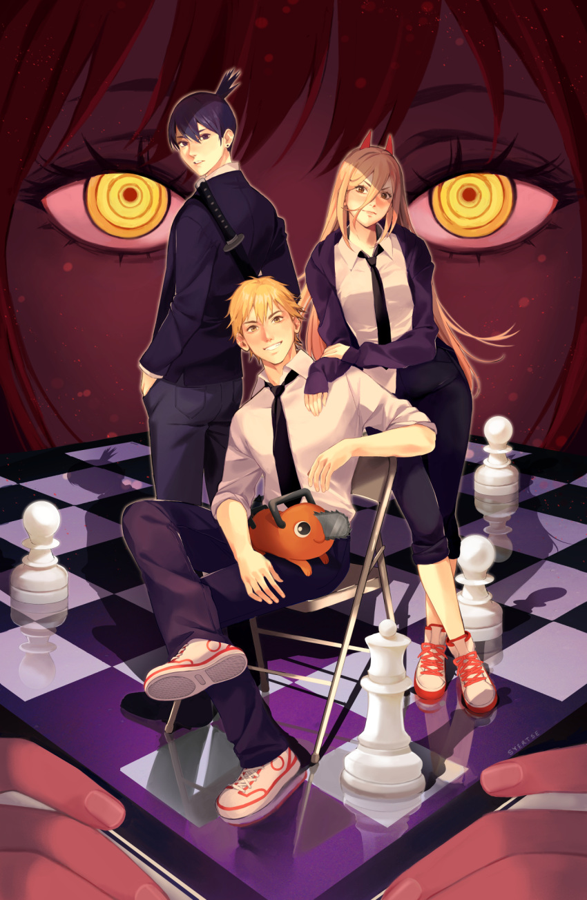 2boys 2girls bangs black_hair black_jacket black_necktie black_pants blonde_hair blush board_game breasts brown_eyes chainsaw chainsaw_man chair chess chess_piece collared_shirt cross-shaped_pupils crossed_legs demon_girl denji_(chainsaw_man) facing_away folding_chair full_body grey_pants grin hair_between_eyes hand_on_another's_shoulder hands_in_pockets hayakawa_aki high_ponytail highres horns jacket katana leaning_on_person long_hair long_sleeves looking_at_viewer looking_back makima_(chainsaw_man) medium_breasts medium_hair multiple_boys multiple_girls necktie pants pants_rolled_up parted_lips pawn pochita_(chainsaw_man) power_(chainsaw_man) red_horns redhead ringed_eyes shirt shoes short_hair short_ponytail sitting sleeves_past_wrists sleeves_rolled_up smile sneakers standing sword syertse symbol-shaped_pupils teeth v-shaped_eyebrows weapon weapon_on_back white_footwear white_shirt yellow_eyes