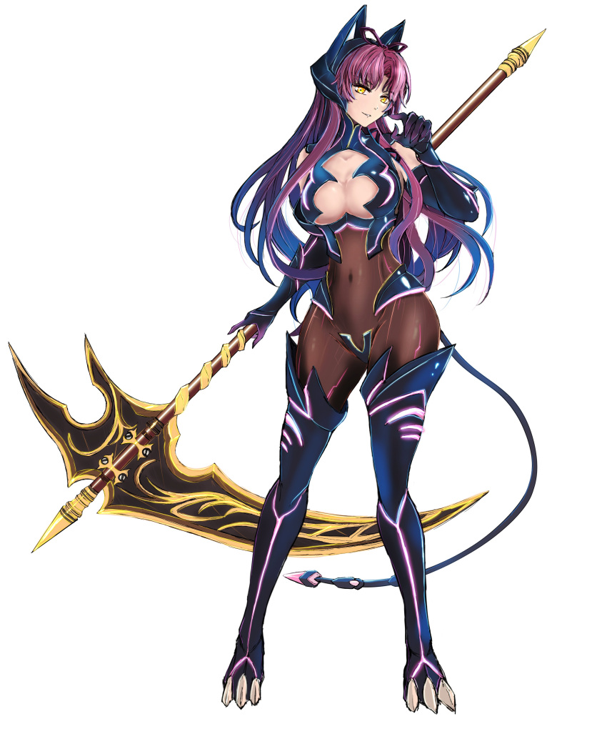 1girl absurdres alternate_costume bodysuit eiyuu_densetsu full_body highres holding holding_scythe huge_weapon kuro_no_kiseki latex latex_bodysuit long_hair looking_at_viewer purple_hair renne_(eiyuu_densetsu) scythe simple_background smile solo weapon white_background yellow_eyes zeeta_no_kiseki