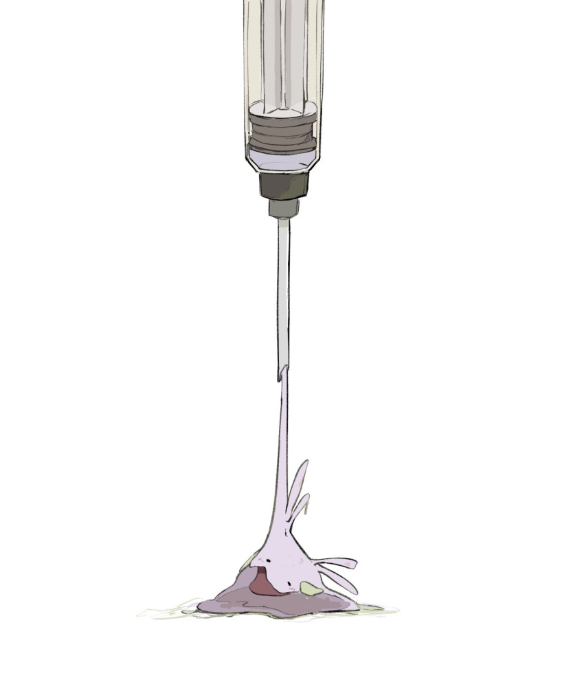 closed_eyes commentary_request goomy highres no_humans oimo_kenpi open_mouth pokemon pokemon_(creature) simple_background slime_(substance) solo syringe tongue white_background