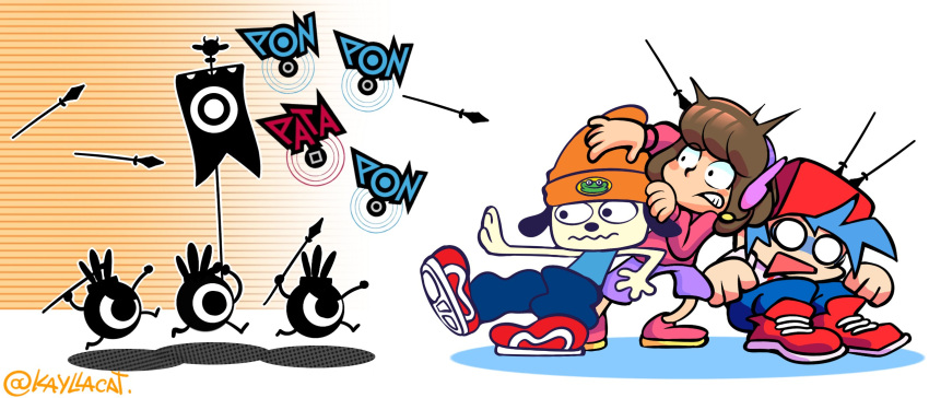1other 2boys backwards_hat baggy_pants banner baseball_cap beanie blue_hair boyfriend_(friday_night_funkin') brown_hair crossover dog_boy friday_night_funkin' furry furry_male gameplay_mechanics hat highres kaylla long_sleeves melodii multiple_boys pants parappa parappa_the_rapper patapon polearm scratchin'_melodii shorts spear throwing trait_connection watermark weapon yaripon