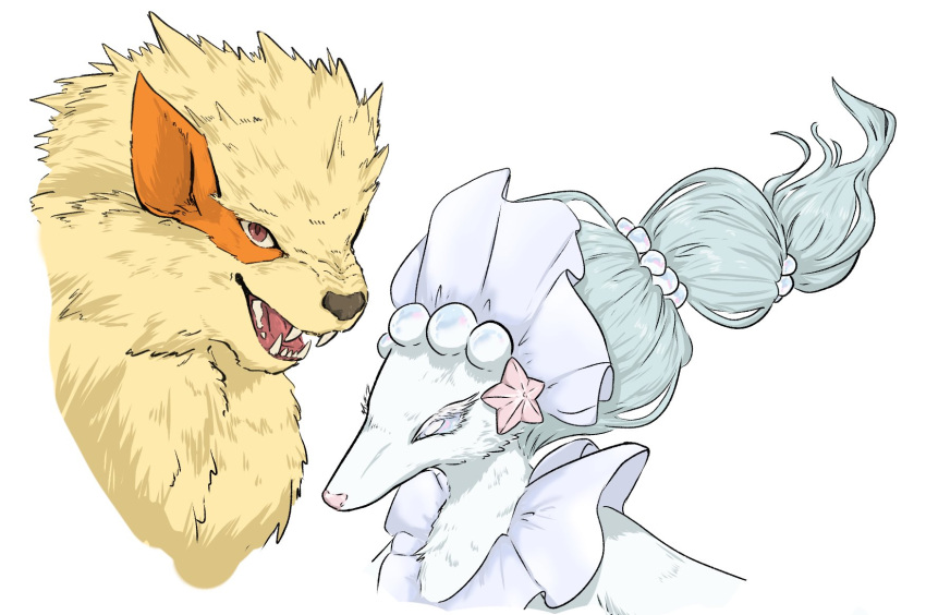 arcanine beads bright_pupils commentary_request floating_hair green_hair highres long_hair no_humans oimo_kenpi open_mouth pokemon pokemon_(creature) primarina red_eyes simple_background teeth tongue white_background white_pupils