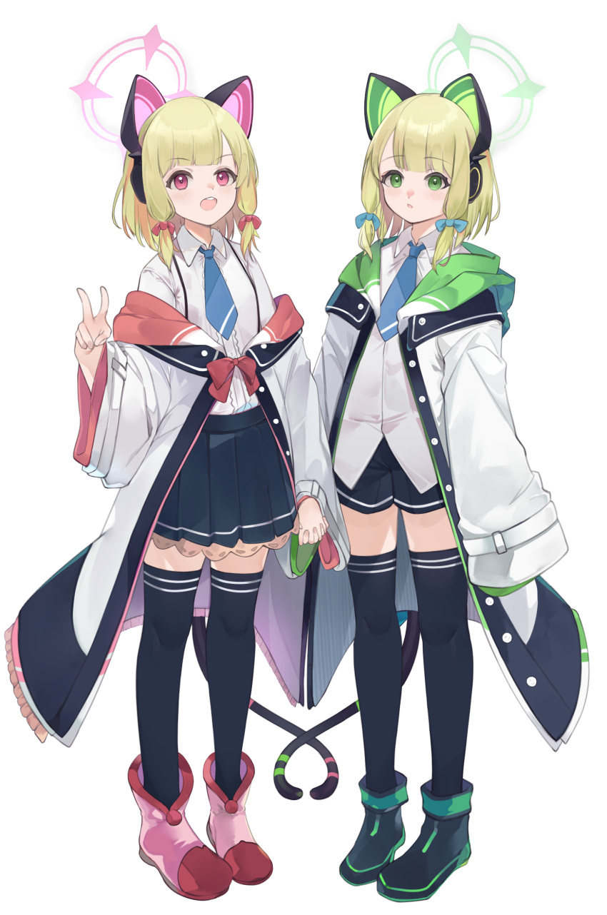 2girls :d absurdres animal_ears bangs blonde_hair blue_archive blunt_bangs cat_ears cat_tail collared_shirt commentary_request fake_animal_ears full_body green_eyes halo headphones highres holding_hands hooded_coat long_sleeves looking_at_viewer midori_(blue_archive) mimizuku_(mmiganaru) momoi_(blue_archive) multiple_girls necktie parted_bangs pleated_skirt school_uniform shirt short_hair short_shorts shorts siblings sidelocks simple_background skirt smile standing suspender_skirt suspenders tail twins v violet_eyes white_background zettai_ryouiki