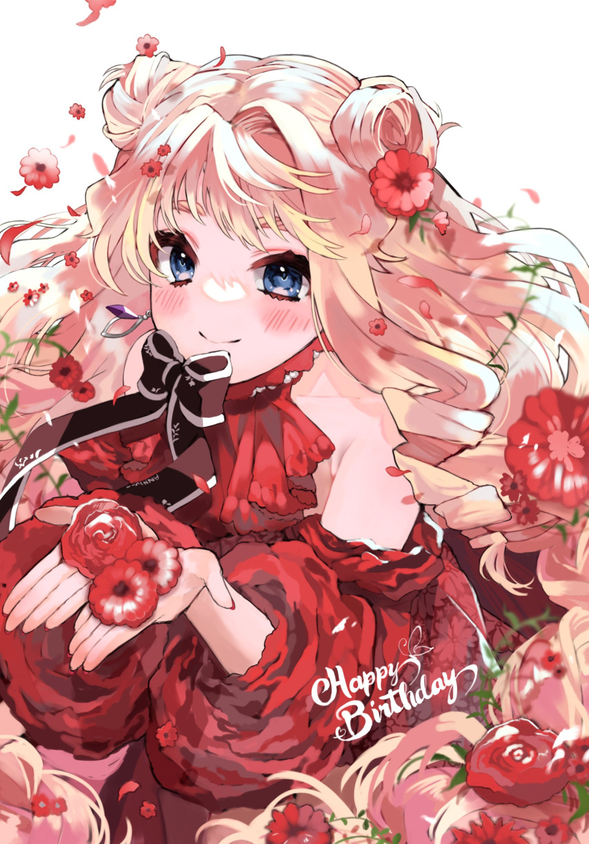 1girl absurdres bangs bare_shoulders blonde_hair blush closed_mouth dress earrings flower hair_flower hair_ornament happy_birthday highres jewelry long_hair looking_at_viewer macross macross_frontier neck_ribbon open_hand palms petals red_dress red_flower ribbon sechi_(stst1850) sheryl_nome single_earring smile solo white_background