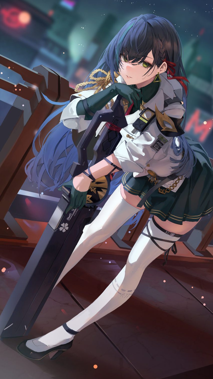 1girl absurdres arm_support asymmetrical_gloves bangs black_footwear black_gloves black_hair blurry braid depth_of_field dutch_angle elbow_gloves full_body gloves green_eyes half_gloves head_rest high_heels highres hiki_niito huge_weapon jacket leaning_forward lin_(tower_of_fantasy) long_hair looking_at_viewer miniskirt mismatched_gloves parted_lips pleated_skirt ribbon single_elbow_glove skirt sleeves_rolled_up solo swept_bangs sword thigh-highs thigh_strap tower_of_fantasy uniform weapon white_jacket white_thighhighs zettai_ryouiki