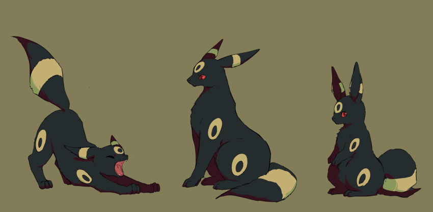 brown_background cat closed_eyes commentary dog fangs highres no_humans oimo_kenpi open_mouth pokemon pokemon_(creature) rabbit red_eyes simple_background sitting stretching symbol-only_commentary tongue umbreon