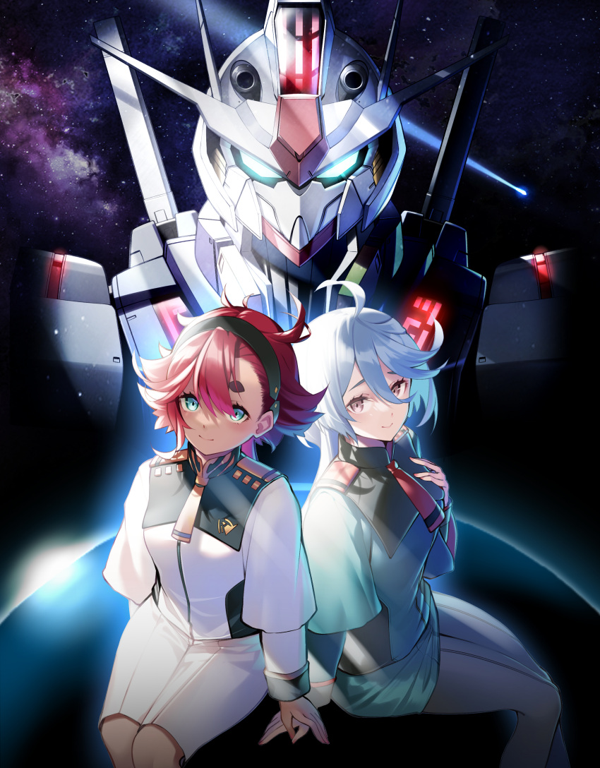 2girls absurdres ahoge asticassia_school_uniform bangs black_hairband blue_eyes breasts commentary glowing glowing_eyes grey_eyes gundam gundam_aerial gundam_suisei_no_majo hairband hand_on_own_chest highres long_hair looking_at_viewer mecha miorine_rembran mobile_suit multiple_girls nekomu redhead robot school_uniform shorts sitting sky small_breasts smile space star_(sky) starry_sky suletta_mercury upper_body v-fin white_hair