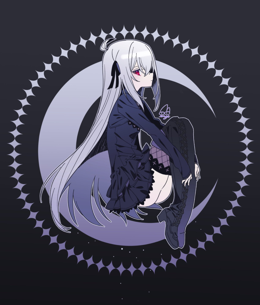 1girl ahoge black_dress black_ribbon boots crescent cross-laced_footwear dress fishnet_thighhighs fishnets full_body gothic grey_hair hair_between_eyes hair_ribbon highres knees_up long_hair looking_at_viewer mearylis_(yamanasi_mikage) original pale_skin profile red_eyes ribbon sleeves_past_wrists solo thigh-highs thigh_boots thighhighs_under_boots very_long_hair yamanasi_mikage