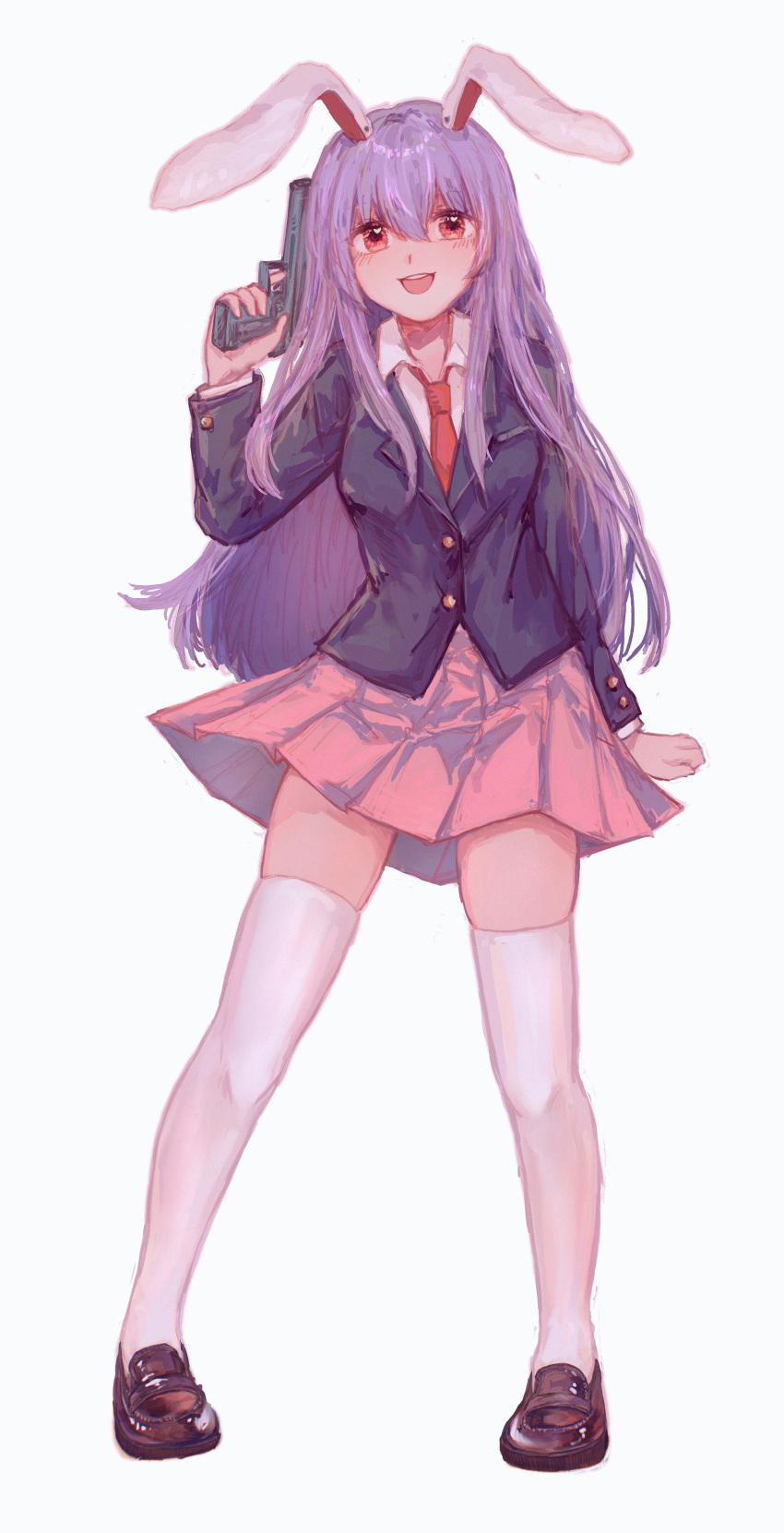 1girl :d absurdres animal_ears bangs black_footwear blazer collared_shirt commentary_request full_body gun hand_up handgun highres holding holding_gun holding_weapon jacket legs_apart long_hair long_sleeves looking_at_viewer necktie open_mouth pink_skirt pleated_skirt purple_hair rabbit_ears rabbit_girl red_eyes red_necktie reisen_udongein_inaba shirt shoes simple_background skirt smile solo thigh-highs touhou uzuz_(xvhm5584) very_long_hair weapon white_background white_shirt white_thighhighs
