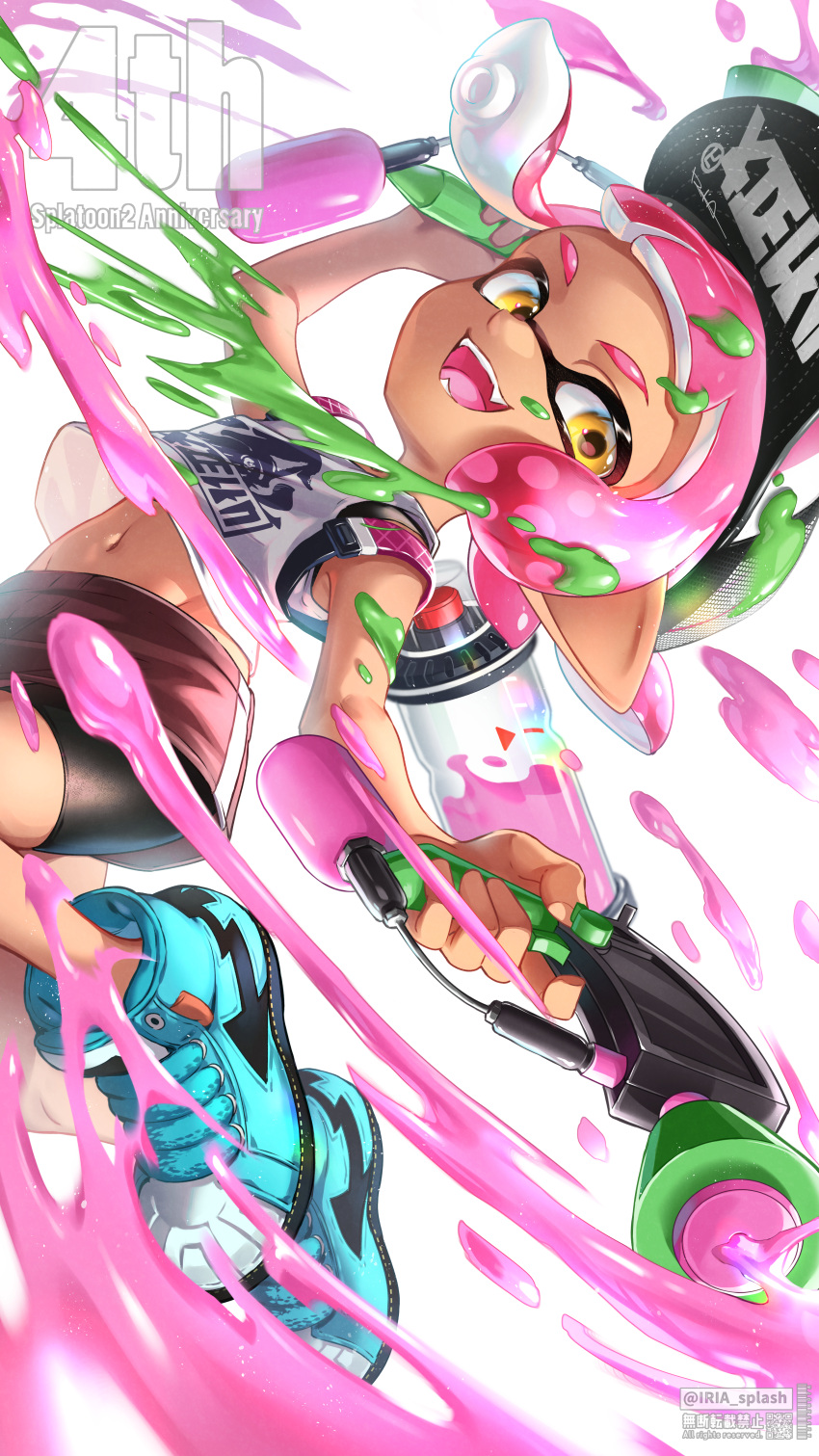 1girl :d absurdres anniversary arm_up artist_name bangs bare_shoulders baseball_cap bike_shorts black_shorts blue_footwear commentary_request copyright_name dark-skinned_female dark_skin fangs gun hat highres holding holding_gun holding_weapon ink_tank_(splatoon) inkling inkling_girl iria_(yumeirokingyo) looking_at_viewer navel open_mouth paint pink_hair pointy_ears print_shirt shirt shoes short_hair short_shorts shorts sidelocks simple_background sleeveless sleeveless_shirt smile sneakers solo splat_dualies_(splatoon) splatoon_(series) splatoon_2 stomach teeth tentacle_hair twitter_username watermark weapon white_background white_shirt yellow_eyes