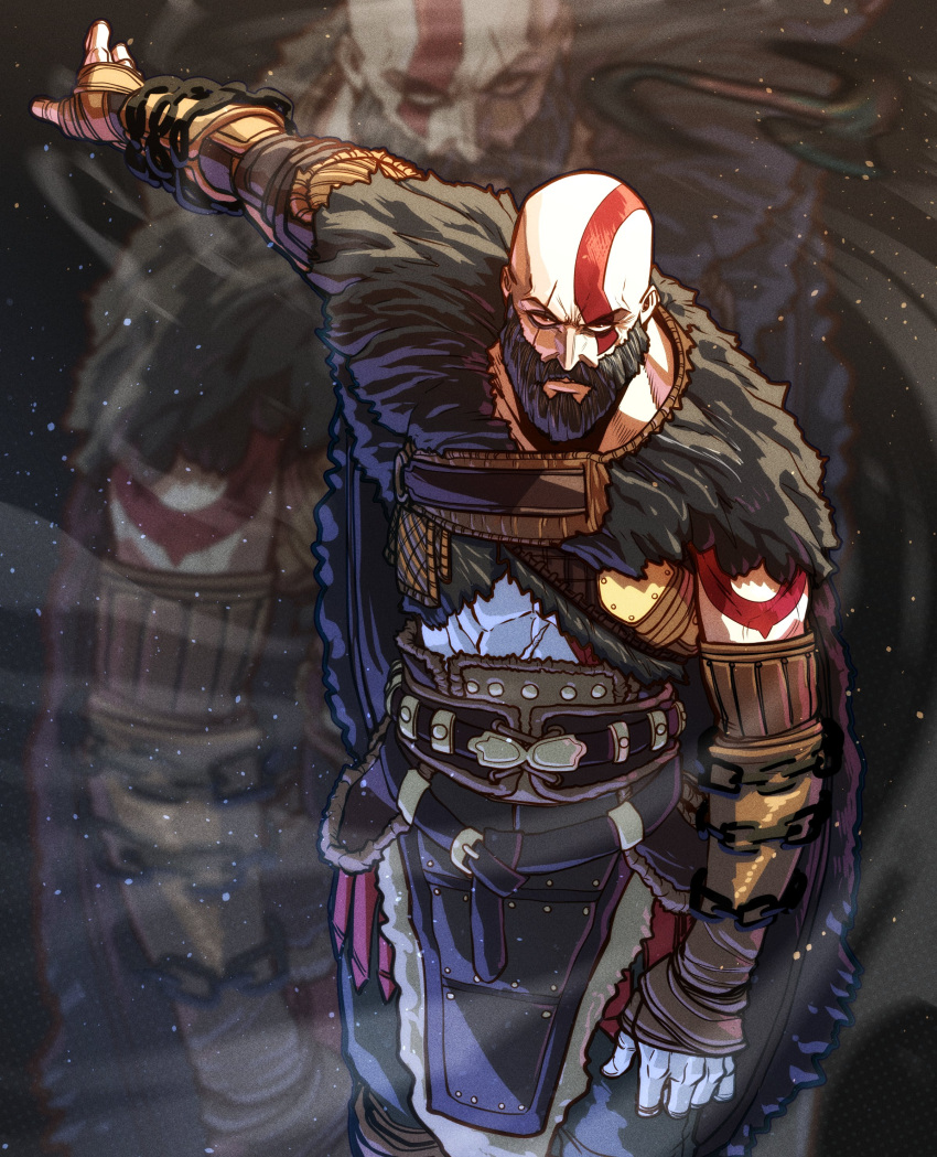 1boy abs absurdres arm_behind_back armor bald beard bodypaint chain cloak cowboy_shot detached_sleeves facepaint facial_hair feet_out_of_frame fur_cloak god_of_war highres kratos leather_armor looking_at_viewer male_focus muscular muscular_male outstretched_arm pale_skin scar scar_across_eye solo terd
