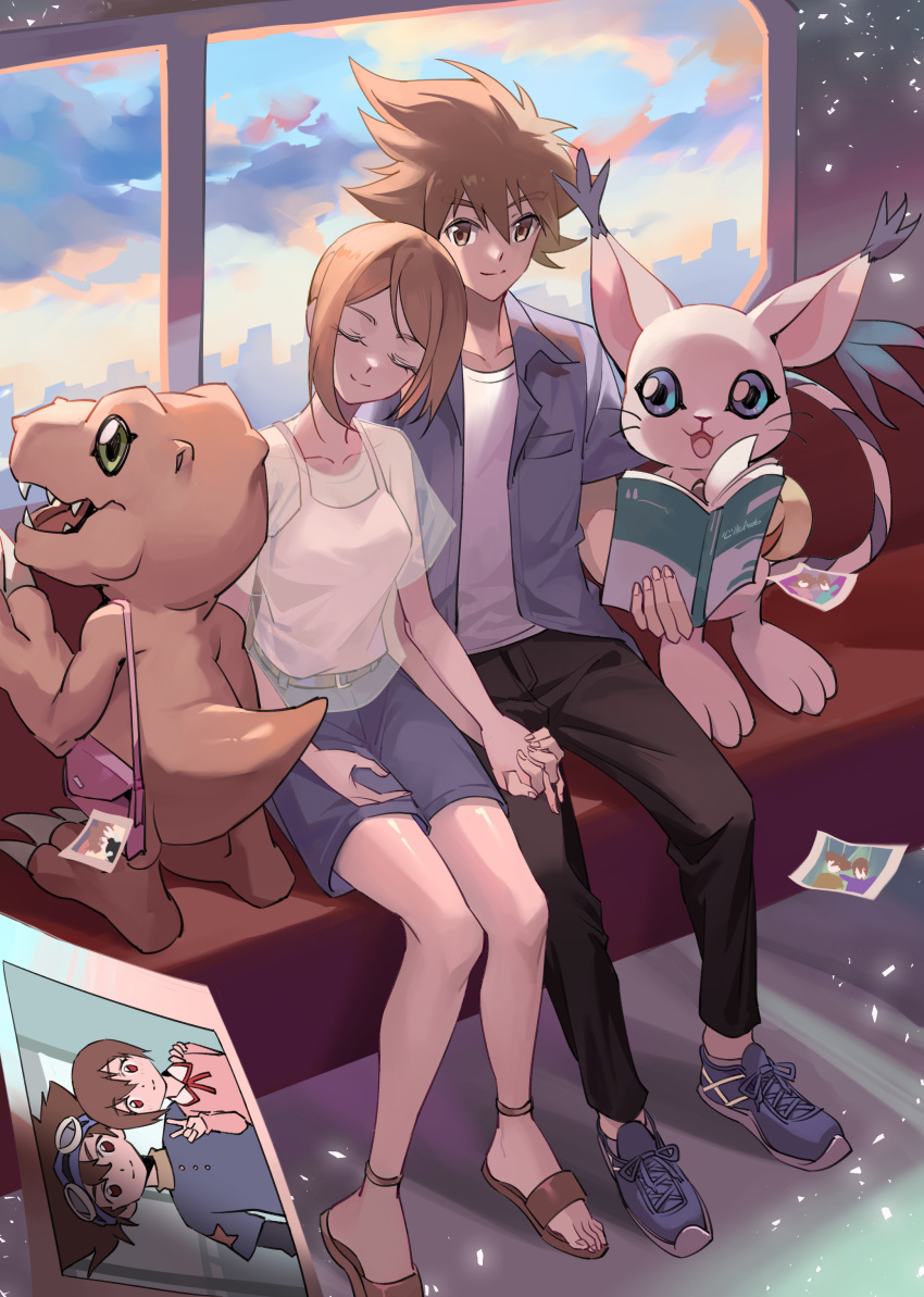 1boy 1girl :d absurdres agumon bag bangs black_pants blue_eyes book breasts brother_and_sister brown_eyes brown_hair closed_mouth collarbone commentary_request digimon digimon_(creature) highres holding_hands kuangwang_heiye looking_at_viewer medium_breasts open_book open_clothes open_mouth open_shirt pants photo_(object) pink_bag shiny shiny_hair shirt shoes short_hair shorts shoulder_bag siblings sitting smile tailmon white_shirt window yagami_hikari yagami_taichi