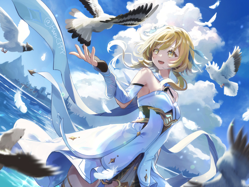 1girl artist_name bangs bird blonde_hair blush boots breasts clouds cloudy_sky commentary detached_sleeves dress feathers flower genshin_impact hair_between_eyes hair_flower hair_ornament haru.cp highres lumine_(genshin_impact) medium_breasts short_hair short_hair_with_long_locks sidelocks sky solo thigh_boots water white_dress white_feathers white_flower white_footwear yellow_eyes