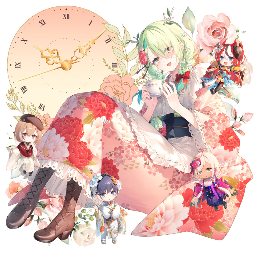 5girls :d antlers apron blush boots braid brown_footwear ceres_fauna clock cup floral_print flower frilled_apron frills green_hair green_nails hair_flower hair_ornament hair_over_one_eye hakos_baelz holding holding_cup holocouncil hololive hololive_english japanese_clothes kimono long_hair looking_at_viewer low_twin_braids low_twintails maid_apron minigirl mole mole_under_eye multicolored_hair multiple_girls nail_polish nanashi_mumei obi official_alternate_costume official_alternate_hairstyle one_eye_covered open_mouth ouro_kronii pink_kimono print_kimono roman_numeral sash smile streaked_hair tassel tassel_hair_ornament teacup toosaka_asagi tsukumo_sana twin_braids twintails two-tone_hair virtual_youtuber wa_maid white_apron yellow_eyes