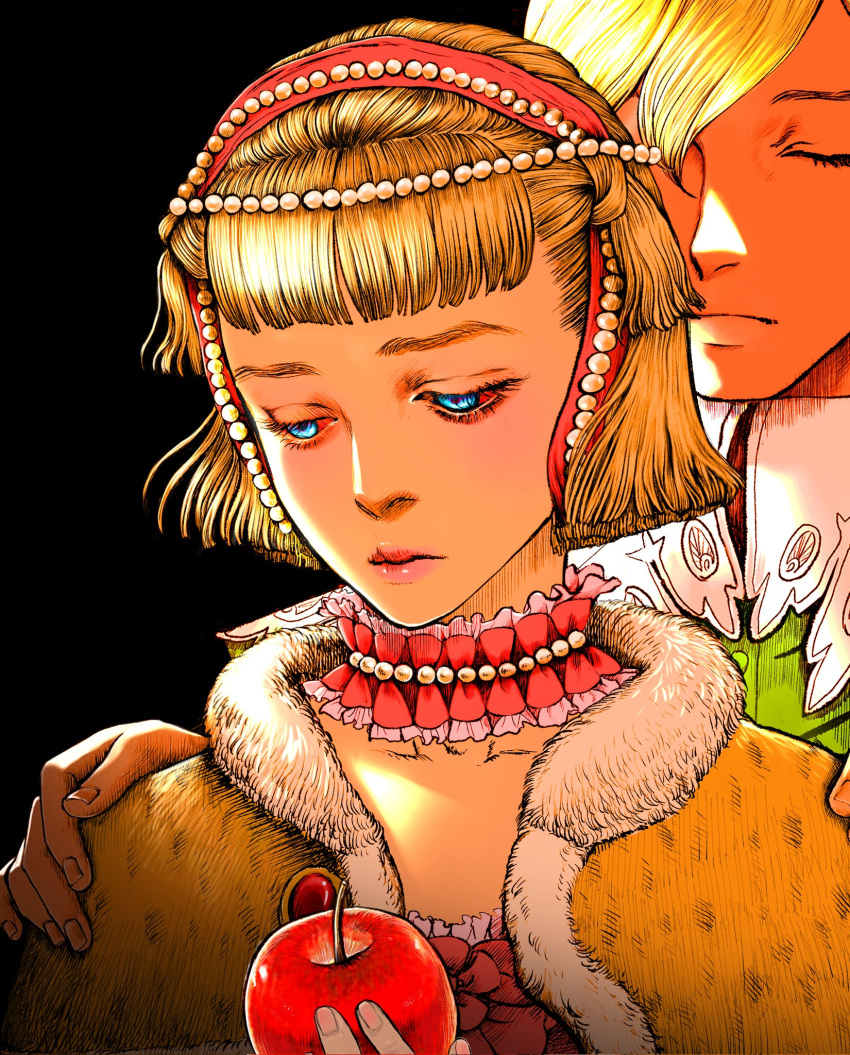 1boy 1girl apple berserk black_background blonde_hair blue_eyes bob_cut brother_and_sister closed_eyes closed_mouth commentary commentary_request farnese_(berserk) food fruit fur fur_jacket gem hair_between_eyes hair_ornament hand_on_another's_shoulder highres holding holding_food holding_fruit jacket nail_polish nisino2222 pearl_(gemstone) pearl_hair_ornament serpico_(berserk) siblings simple_background