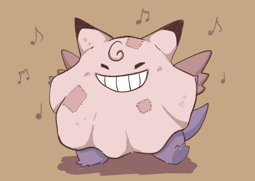 blush brown_background clefable clefable_(cosplay) closed_eyes commentary_request cosplay full_body gengar grin highres leg_up musical_note no_humans oimo_kenpi pokemon pokemon_(creature) simple_background smile solo standing standing_on_one_leg teeth