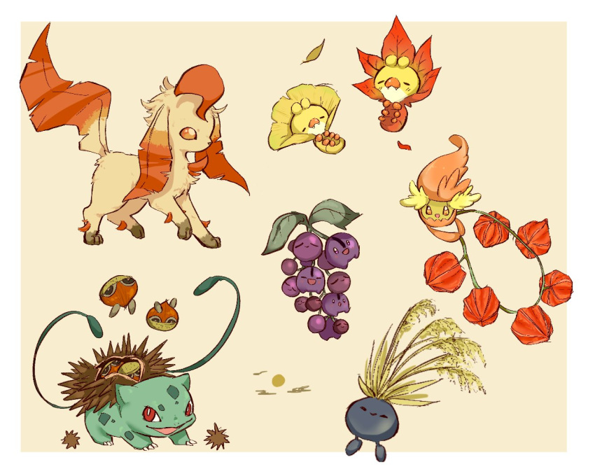 :d adapted_costume alternate_color animal_focus autumn autumn_leaves border bug bulbasaur cherubi chestnut chinese_lantern_(plant) comfey commentary falling_leaves food fruit ginkgo_leaf grapes leaf leafeon looking_at_viewer maple_leaf oddish oimo_kenpi pokemon pokemon_(creature) sewaddle simple_background smile wheat