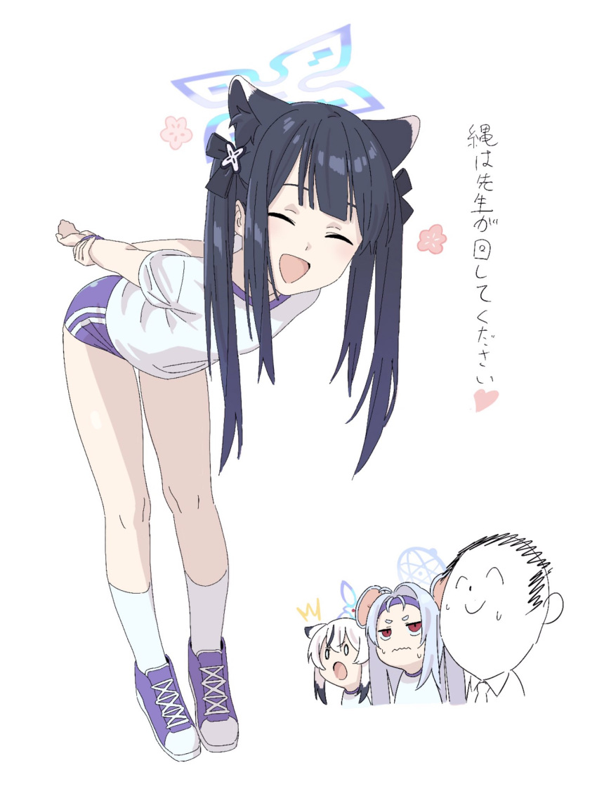 1boy 3girls animal_ear_fluff animal_ears arms_behind_back black_hair blue_archive blue_buruma blue_footwear buruma closed_eyes full_body grey_hair gym_uniform halo highres kneehighs kokona_(blue_archive) leaning_forward legs long_hair mouse_ears multiple_girls open_mouth own_hands_together red_eyes ribbon saya_(blue_archive) sensei_(blue_archive) shirt shoes short_sleeves simple_background smile socks thighs tiger_ears tiger_girl translation_request twintails ult_one white_background white_hair white_shirt white_socks