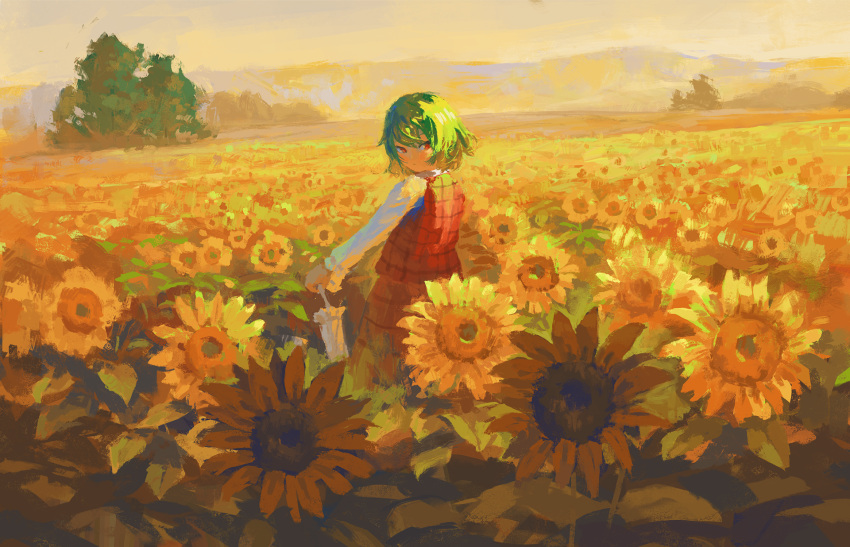 1girl closed_umbrella commentary field fjsmu flower flower_field from_behind green_hair highres holding holding_umbrella kazami_yuuka long_sleeves looking_at_viewer looking_back medium_hair parasol plaid plaid_skirt plaid_vest red_eyes red_skirt red_vest scenery shirt skirt solo sunflower touhou tree umbrella vest white_shirt wide_shot