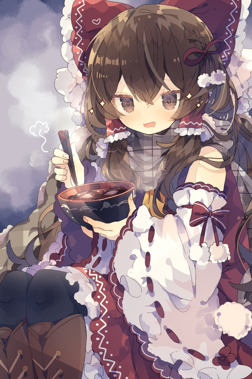 1girl ascot bare_shoulders black_pantyhose blush boots bow bowl brown_eyes brown_footwear brown_hair chopsticks detached_sleeves food frilled_skirt frills hair_between_eyes hair_bow hair_tubes hakurei_reimu heart heart-shaped_pupils highres holding holding_bowl holding_chopsticks knee_boots long_hair nikorashi-ka open_mouth pantyhose plaid plaid_scarf red_bow red_skirt ribbon-trimmed_sleeves ribbon_trim scarf sidelocks skirt smile solo sparkle symbol-shaped_pupils touhou white_sleeves wide_sleeves yellow_ascot