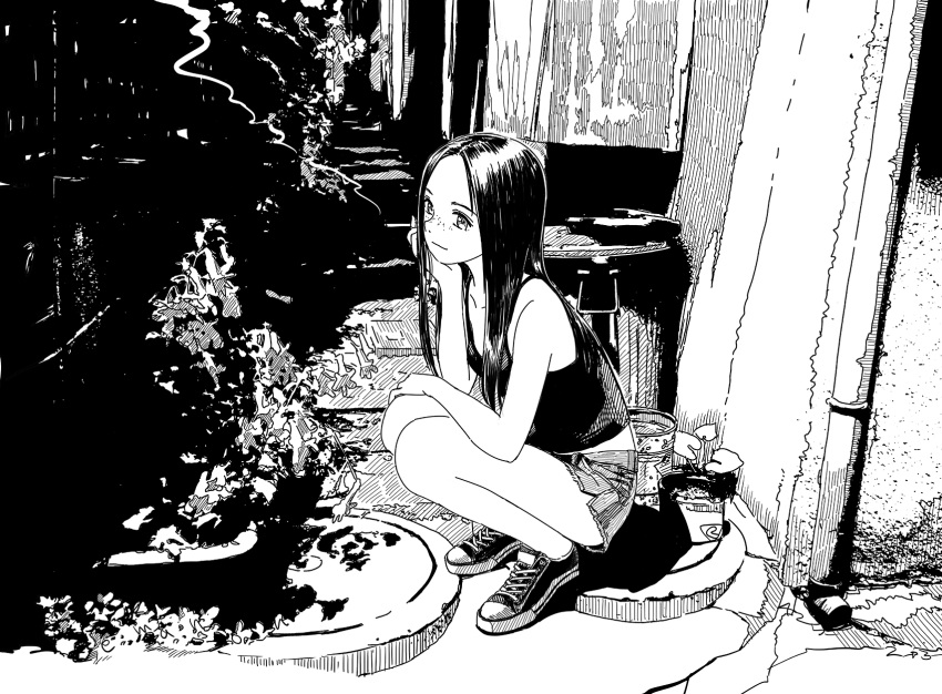 1girl camisole cigarette emanon_(character) greyscale highres kokudou_juunigou long_hair looking_at_viewer memories_of_emanon monochrome outdoors plant potted_plant short_shorts shorts solo squatting