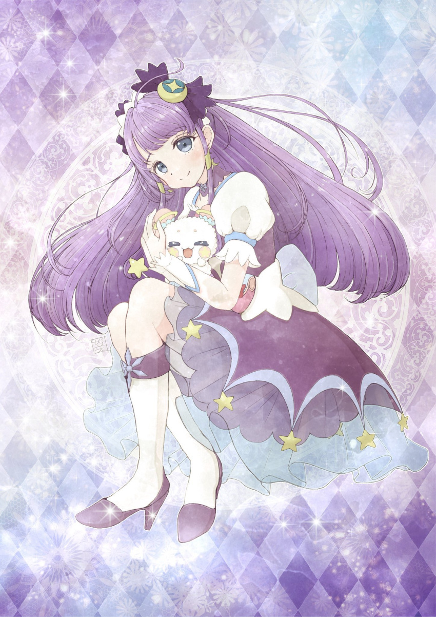 argyle argyle_background black_hair crescent crescent_earrings cure_selene dress earrings fuwa_(precure) highres jewelry kaguya_madoka long_hair magical_girl open_mouth precure purple_background purple_dress purple_hair sakihi short_sleeves sitting smile star_twinkle_precure violet_eyes