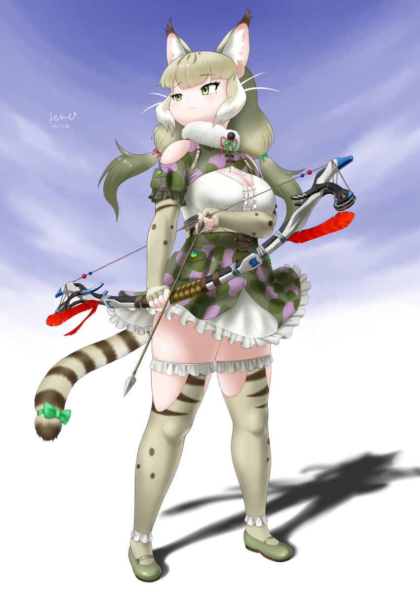 1girl absurdres animal_costume animal_ear_fluff animal_ears bare_shoulders bow cat_ears cat_girl cat_tail extra_ears fingerless_gloves gloves green_eyes grey_hair highres jungle_cat_(kemono_friends) kemono_friends kemono_friends_v_project kneehighs long_hair matatabi717 microphone multicolored_hair ribbon scarf shirt shoes simple_background skirt socks solo suspenders tail twintails virtual_youtuber weapon