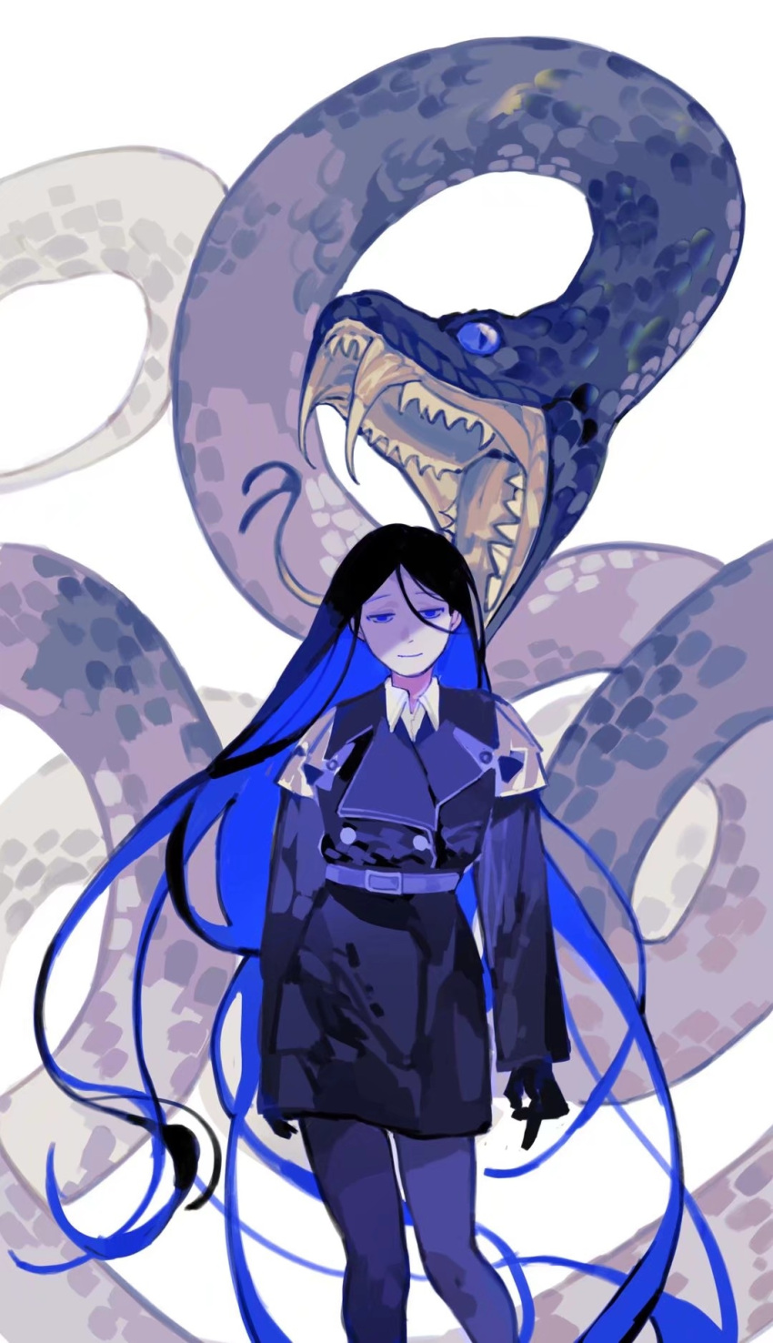 1girl androgynous animal belt black_gloves black_hair blue_eyes blue_hair blue_theme buttons closed_mouth coat collared_shirt colored_inner_hair double-breasted fangs feet_out_of_frame floating_hair gloves grey_pantyhose hair_between_eyes highres long_sleeves looking_at_viewer multicolored_hair open_mouth original oversized_animal pantyhose shirt smile snake standing tongue tongue_out two-tone_hair white_background yixingce