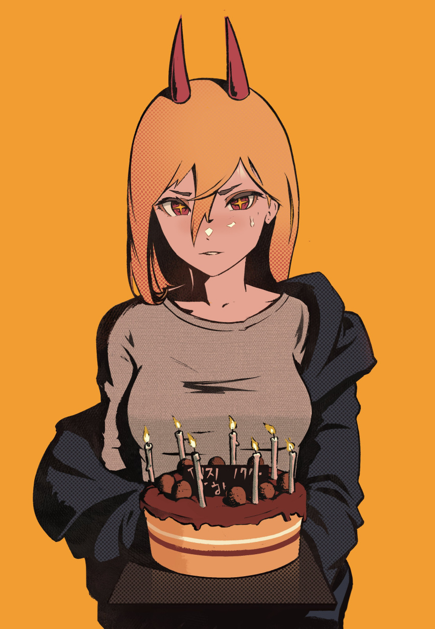 1girl absurdres blonde_hair breasts cake candle chainsaw_man cross-shaped_pupils food grey_shirt hair_between_eyes highres horns jacket jacket_partially_removed lem long_hair looking_at_viewer medium_breasts nervous power_(chainsaw_man) red_eyes red_horns shirt simple_background solo sweat symbol-shaped_pupils yellow_background