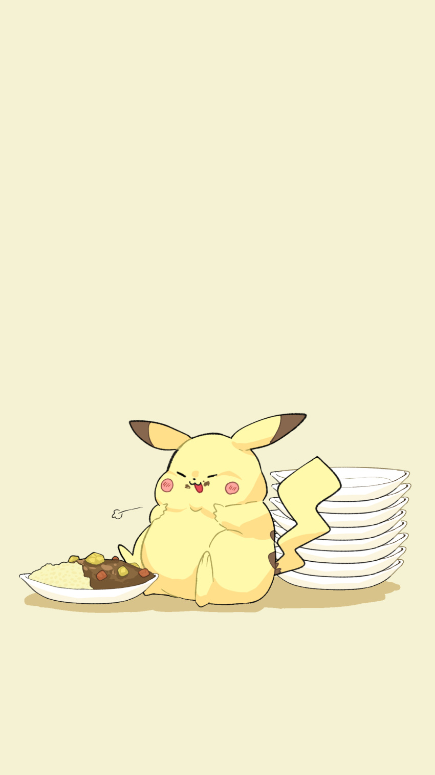 :d =3 absurdres big_belly bowl closed_eyes commentary_request curry fat food food_on_face highres no_humans oimo_kenpi pikachu pokemon pokemon_(creature) rice sitting smile