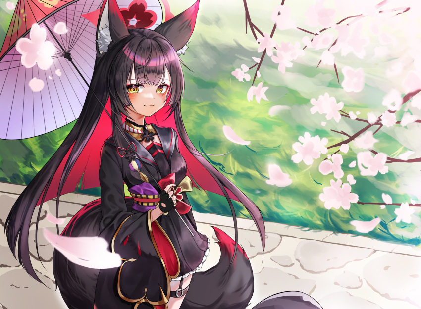 1girl absurdres animal_ears bangs black_hair blue_archive blurry cherry_blossoms chessy choker commentary_request depth_of_field detached_sleeves falling_petals fingerless_gloves fox_ears fox_girl fox_tail gloves hair_between_eyes halo highres holding holding_umbrella japanese_clothes long_hair long_sleeves looking_at_viewer multicolored_hair obi oil-paper_umbrella petals pleated_skirt sash school_uniform serafuku sidelocks skirt solo tail thighlet two-tone_hair umbrella wakamo_(blue_archive) yellow_eyes