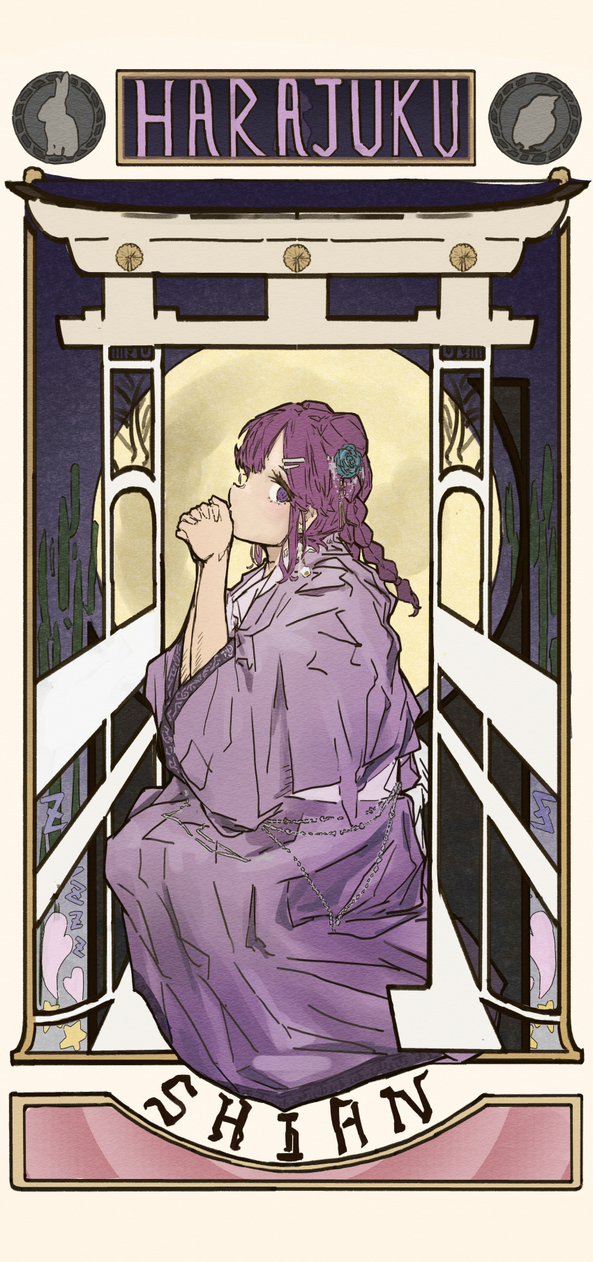 1girl absurdres bow braid card denonbu double_bun english_text hair_bow hair_bun hair_ornament highres inubousaki_shian japanese_clothes kimono long_sleeves looking_at_viewer moon playing_card praying purple_hair purple_kimono solo tarot the_moon_(tarot) twin_braids violet_eyes yoshiko_(yosh_k)