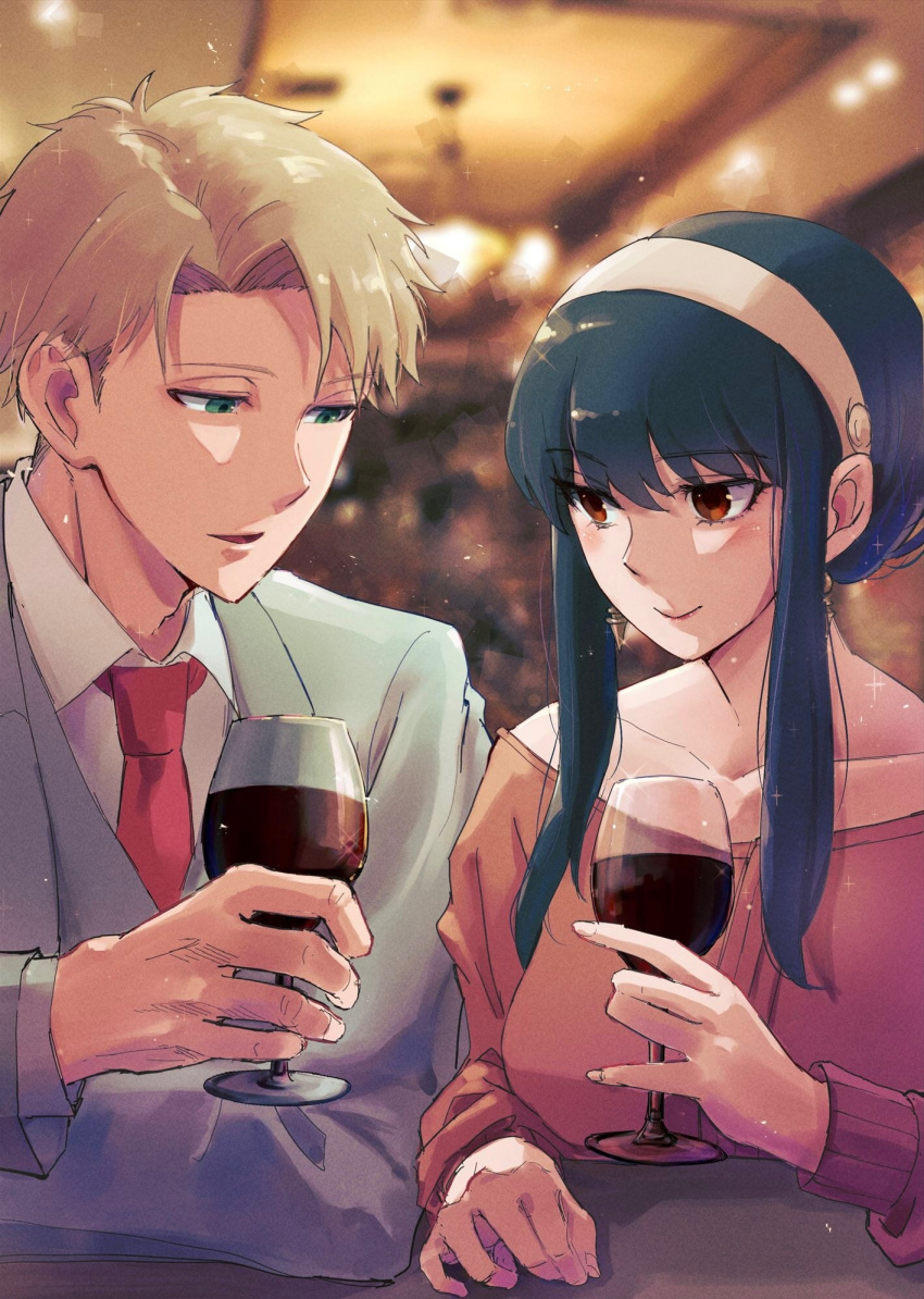 1boy 1girl alcohol bangs black_hair blonde_hair blue_eyes blush closed_mouth cup drinking_glass formal hairband highres holding holding_cup husband_and_wife long_hair long_sleeves mgmgmg_aw8nf necktie off-shoulder_sweater off_shoulder parted_lips red_eyes sidelocks spy_x_family suit suit_jacket sweater twilight_(spy_x_family) wine wine_glass yor_briar