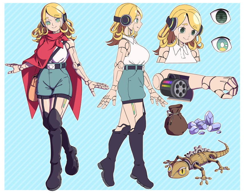 1girl absurdres bag belt blonde_hair boots breasts commission garter_straps gears green_eyes handbag headphones high-waist_shorts highres joints knee_boots large_breasts lizard mefomefo original pouch robot robot_joints short_shorts shorts smile solo stone striped striped_background