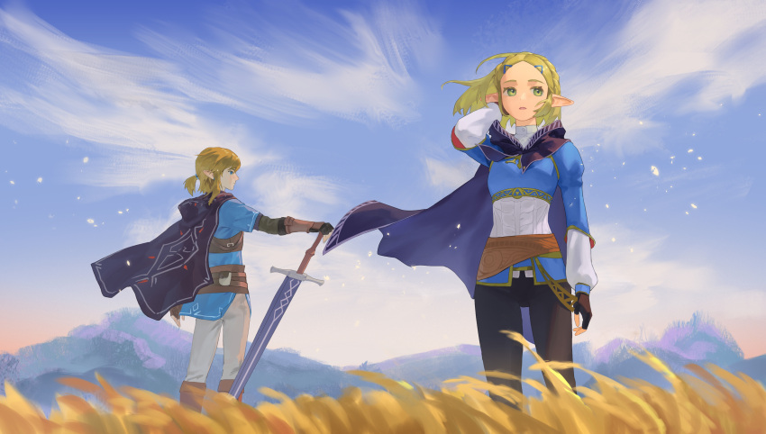 1boy 1girl absurdres black_gloves black_pants blonde_hair blue_cape blue_eyes blue_sky blue_tunic brown_footwear cape clouds cloudy_sky fingerless_gloves gloves grass green_eyes hand_up highres link low_ponytail mountain mountainous_horizon open_mouth outdoors pants phina_(jinahou) pointy_ears princess_zelda short_hair sky standing sword the_legend_of_zelda the_legend_of_zelda:_breath_of_the_wild the_legend_of_zelda:_tears_of_the_kingdom weapon white_pants