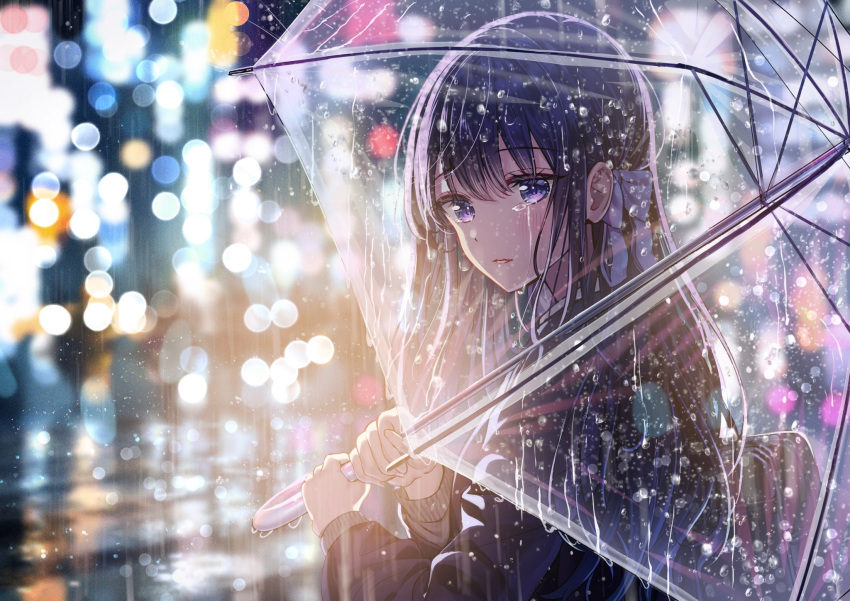 1girl bag bangs black_hair blush city_lights crying hair_ribbon highres holding holding_umbrella jacket long_hair looking_at_viewer looking_back original outdoors rain ribbon sakura_(39ra) school_bag solo transparent transparent_umbrella umbrella violet_eyes